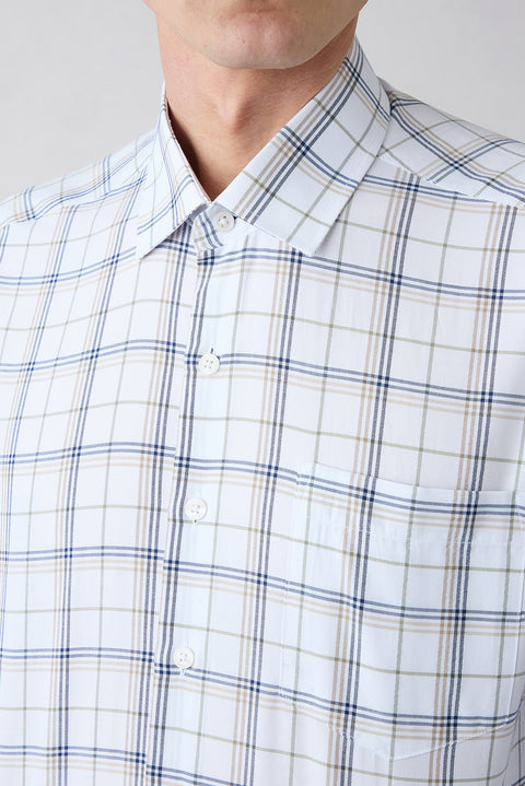 Light Brown Long Sleeve Regular Fit Plaid Button-Down Collared Cotton Easy-Iron Shirt