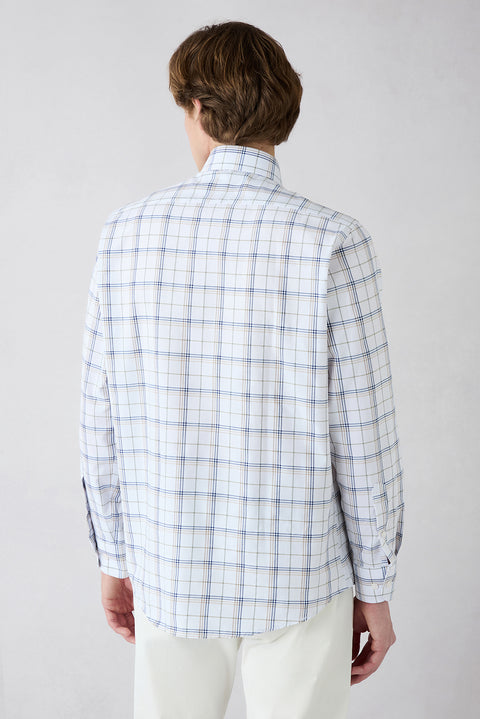 Light Brown Long Sleeve Regular Fit Plaid Button-Down Collared Cotton Easy-Iron Shirt