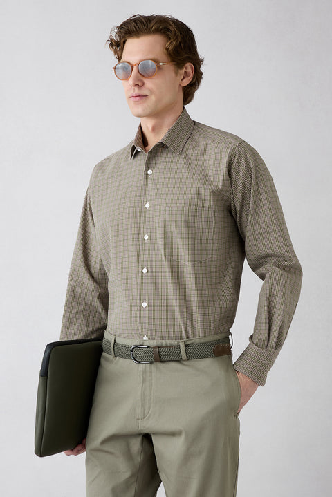 Khaki Long Sleeve Regular Fit Plaid Pocket Breathable Cotton Shirt