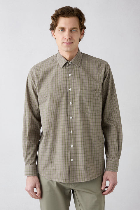 Khaki Long Sleeve Regular Fit Plaid Pocket Breathable Cotton Shirt