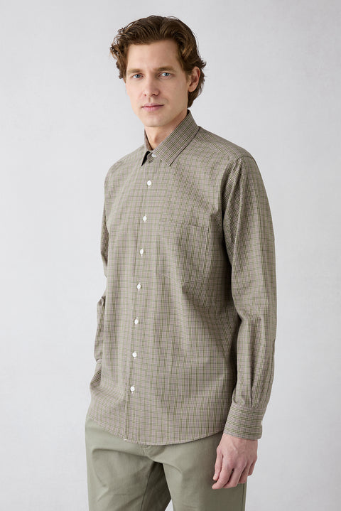 Khaki Long Sleeve Regular Fit Plaid Pocket Breathable Cotton Shirt