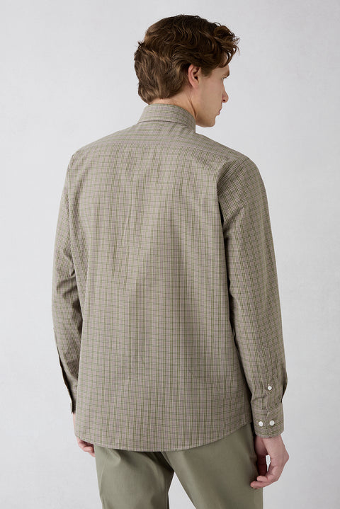 Khaki Long Sleeve Regular Fit Plaid Pocket Breathable Cotton Shirt