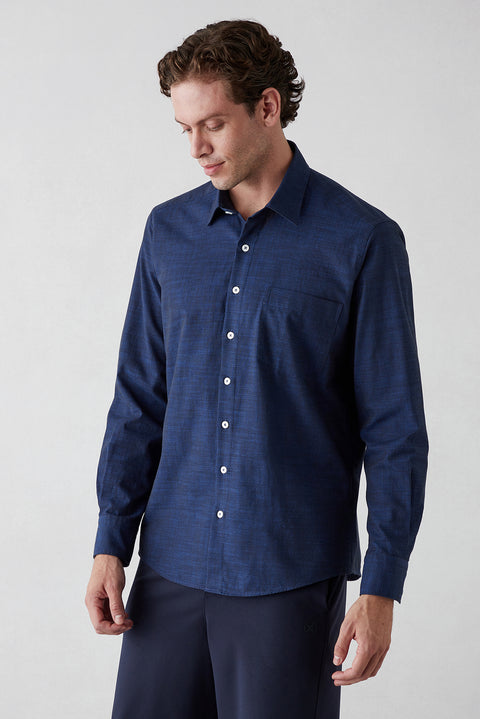 Dark Navy Long Sleeve Regular Fit Cotton Plain Shirt