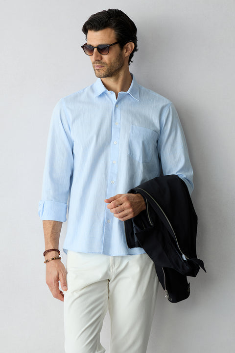Light Blue Long Sleeve Regular Fit Cotton Plain Shirt