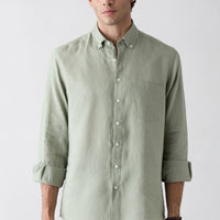Küf Yeşili Uzun Kol Regular Fit Düğmeli Yaka Cepli %100 Keten Gömlek
