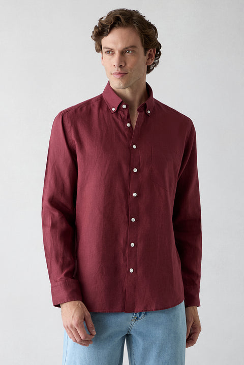 Light Burgundy Long Sleeve Regular Fit Linen Shirt