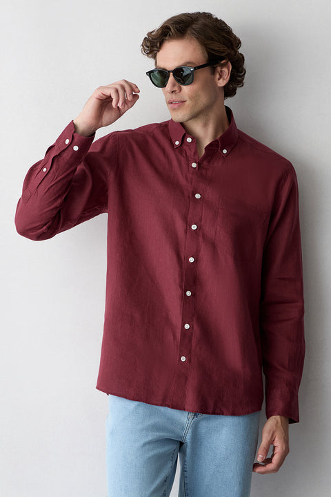 Light Burgundy Long Sleeve Regular Fit Linen Shirt