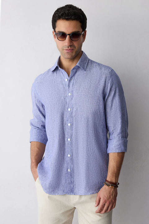 Dark Navy Long Sleeve Regular Fit Linen Shirt