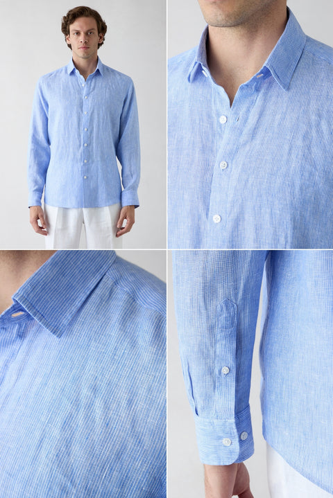 Dark Blue Long Sleeve Regular Fit Linen Shirt