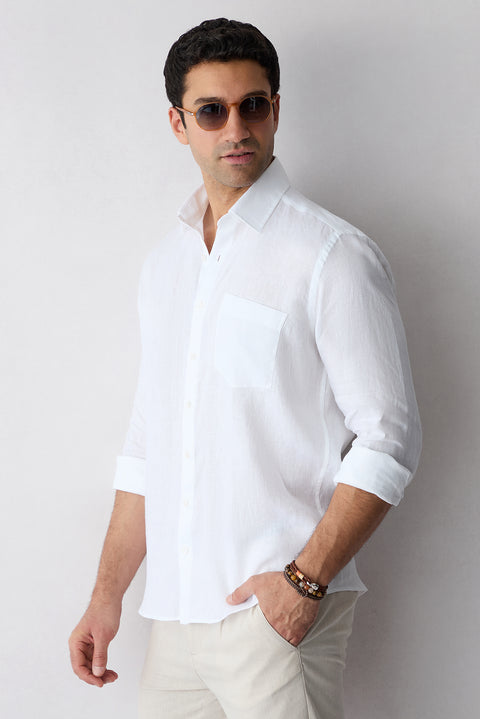 White Long Sleeve Regular Fit Linen Plain Shirt