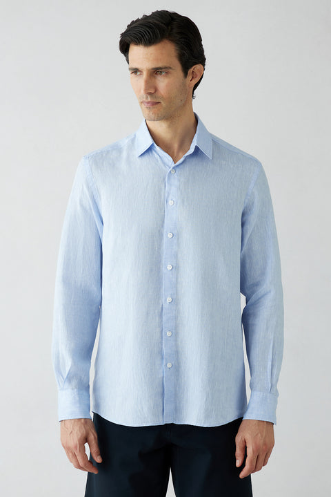 Light Blue Long Sleeve Regular Fit Linen Plain Shirt