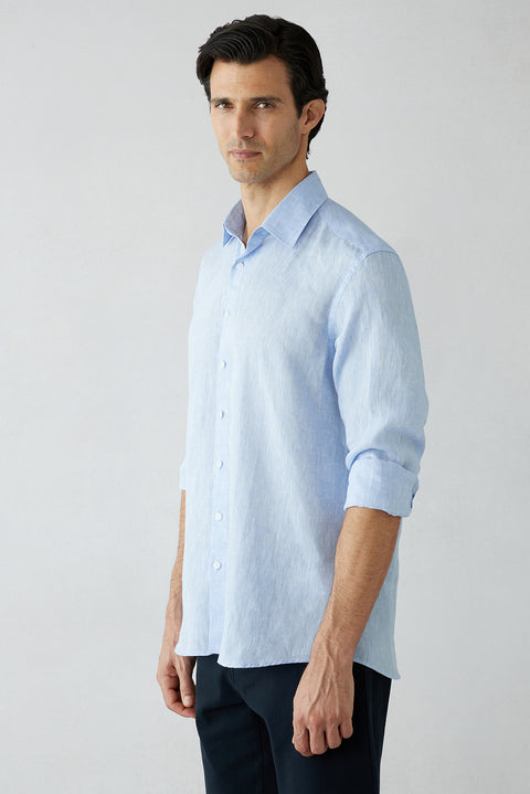 Light Blue Long Sleeve Regular Fit Linen Plain Shirt