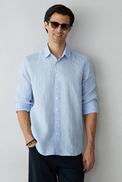 Light Blue Long Sleeve Regular Fit Linen Plain Shirt