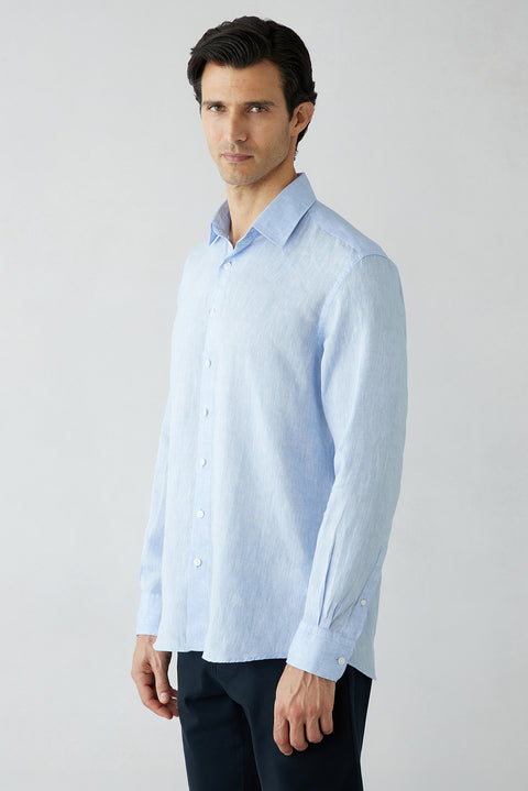 Light Blue Long Sleeve Regular Fit Linen Plain Shirt