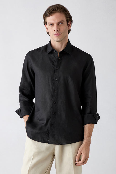 Black Long Sleeve Regular Fit Linen Plain Shirt