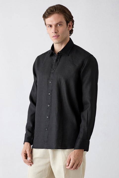 Black Long Sleeve Regular Fit Linen Plain Shirt