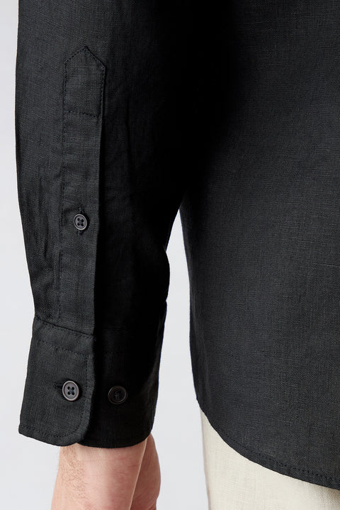 Black Long Sleeve Regular Fit Linen Plain Shirt