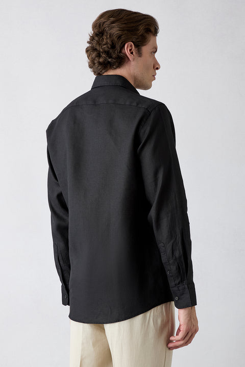 Black Long Sleeve Regular Fit Linen Plain Shirt