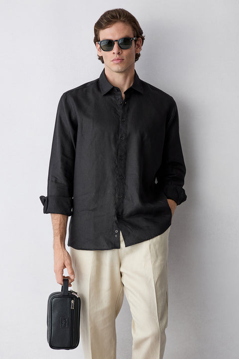 Black Long Sleeve Regular Fit Linen Plain Shirt