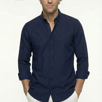 Dark Navy Long Sleeve Regular Fit Button-Down Collar Sporty Breathable Cotton Linen Look Shirt