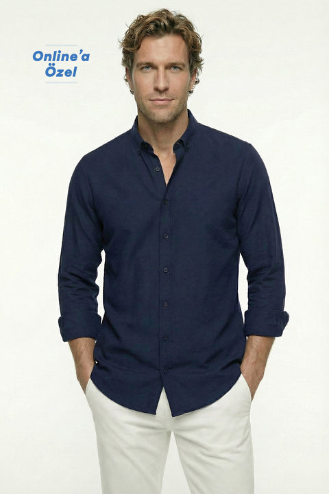 Dark Navy Long Sleeve Regular Fit Button-Down Collar Sporty Breathable Cotton Linen Look Shirt