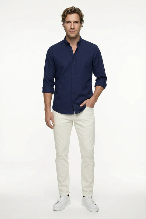 Dark Navy Long Sleeve Regular Fit Button-Down Collar Sporty Breathable Cotton Linen Look Shirt