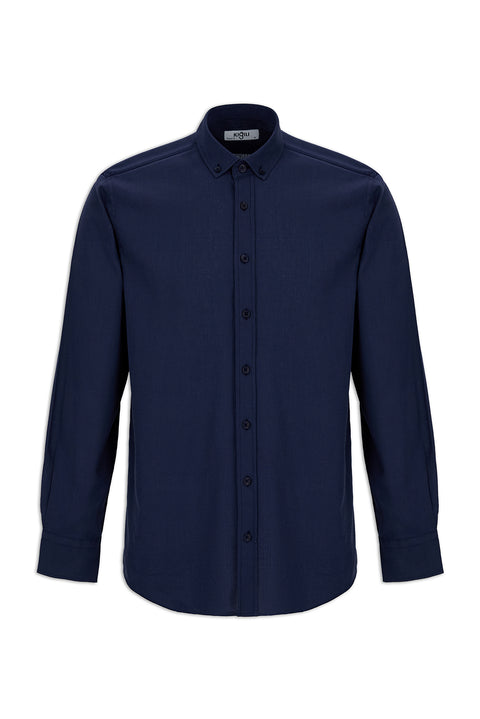 Dark Navy Long Sleeve Regular Fit Button-Down Collar Sporty Breathable Cotton Linen Look Shirt