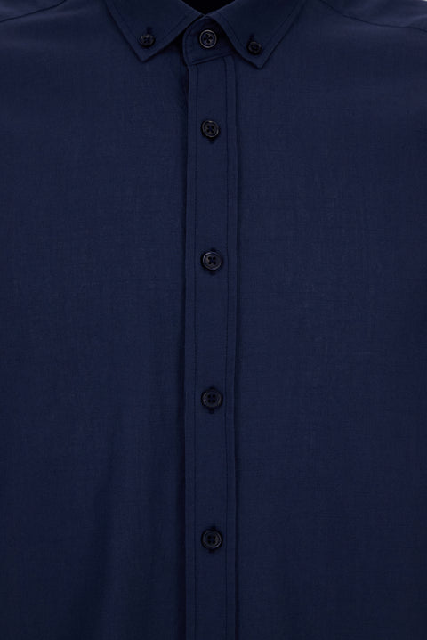 Dark Navy Long Sleeve Regular Fit Button-Down Collar Sporty Breathable Cotton Linen Look Shirt