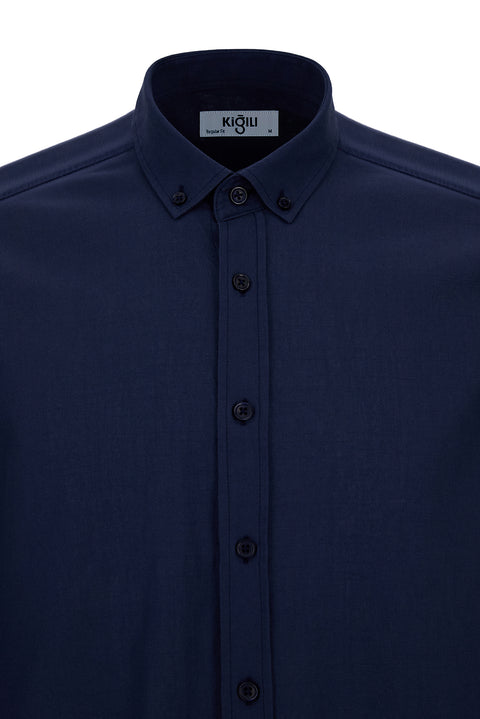 Dark Navy Long Sleeve Regular Fit Button-Down Collar Sporty Breathable Cotton Linen Look Shirt