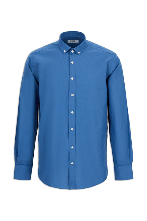 İndigo Uzun Kol Regular Fit Düğmeli Yaka Spor Pamuk Nefes Alabilen Keten Görünümlü Gömlek