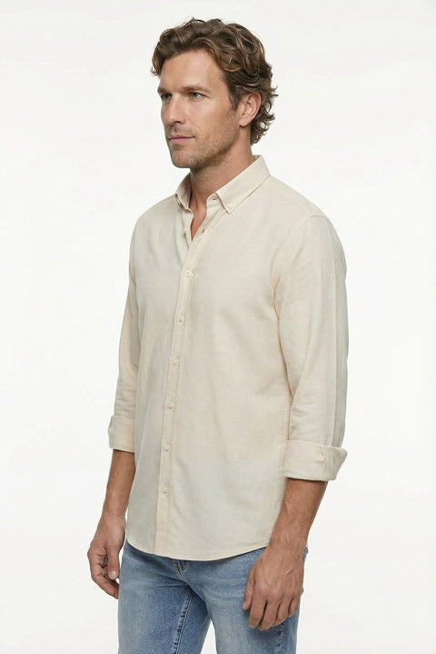 Stone Long Sleeve Regular Fit Button-Down Sport Cotton Breathable Linen Look Shirt