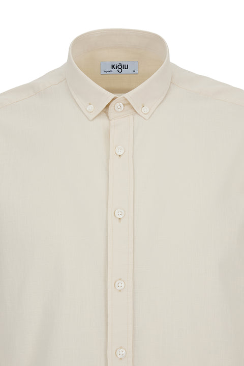 Stone Long Sleeve Regular Fit Button-Down Sport Cotton Breathable Linen Look Shirt