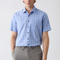 Blue Short Sleeve Regular Fit Apron Collar Cotton Plaid Shirt