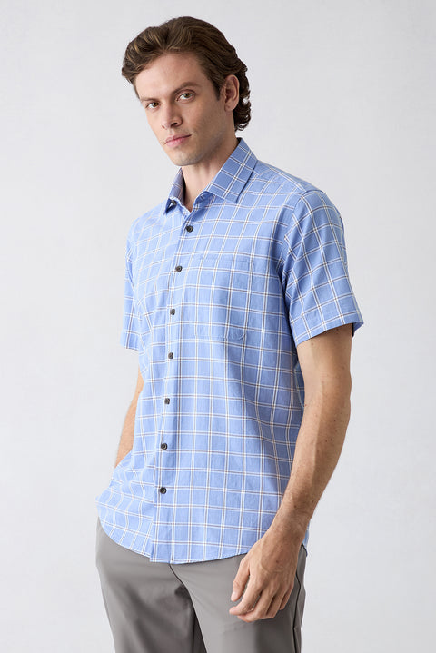 Blue Short Sleeve Regular Fit Apron Collar Cotton Plaid Shirt