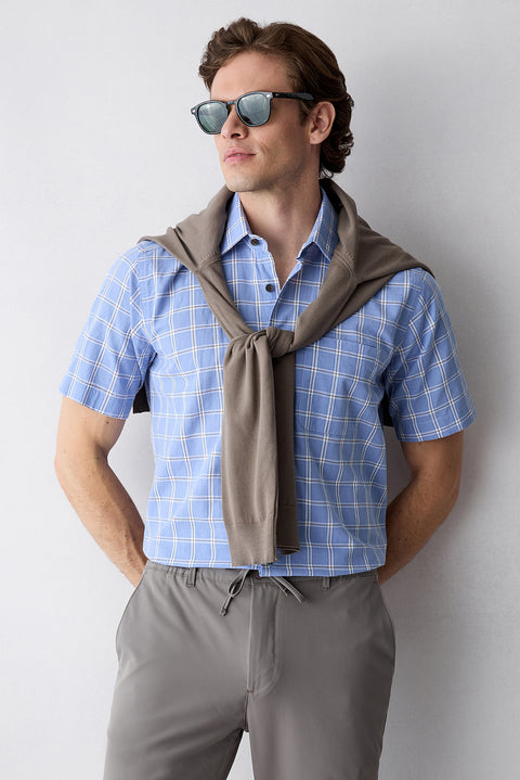 Blue Short Sleeve Regular Fit Apron Collar Cotton Plaid Shirt