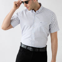 Light Smoke Short Sleeve Regular Fit Button-Down Embroidered Pocket Cotton Plaid Shirt
