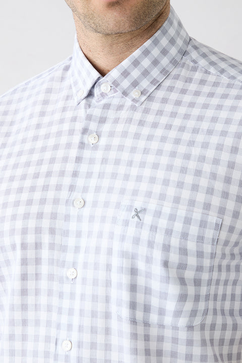 Light Smoke Short Sleeve Regular Fit Button-Down Embroidered Pocket Cotton Plaid Shirt