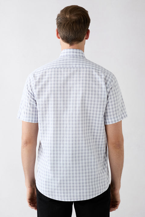 Light Smoke Short Sleeve Regular Fit Button-Down Embroidered Pocket Cotton Plaid Shirt