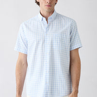 Light Blue Short Sleeve Regular Fit Button-Down Collar Embroidered Pocket Cotton Plaid Shirt