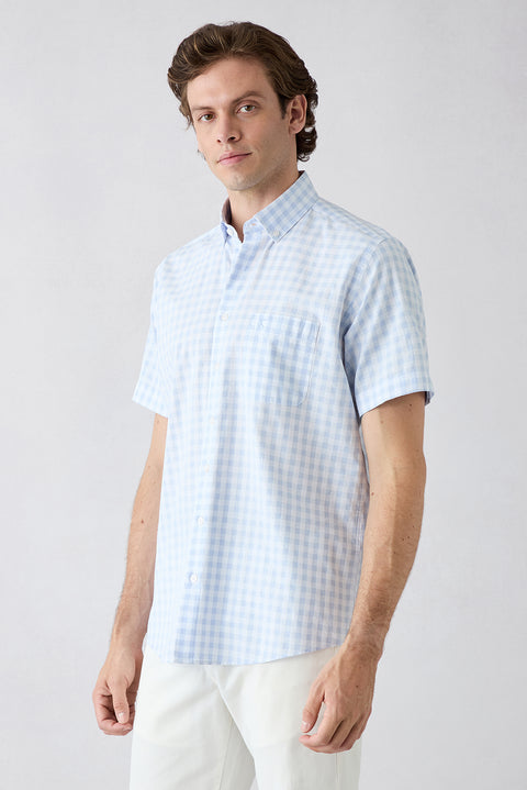 Light Blue Short Sleeve Regular Fit Button-Down Collar Embroidered Pocket Cotton Plaid Shirt