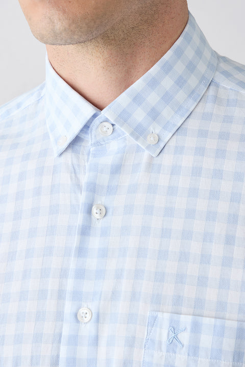 Light Blue Short Sleeve Regular Fit Button-Down Collar Embroidered Pocket Cotton Plaid Shirt