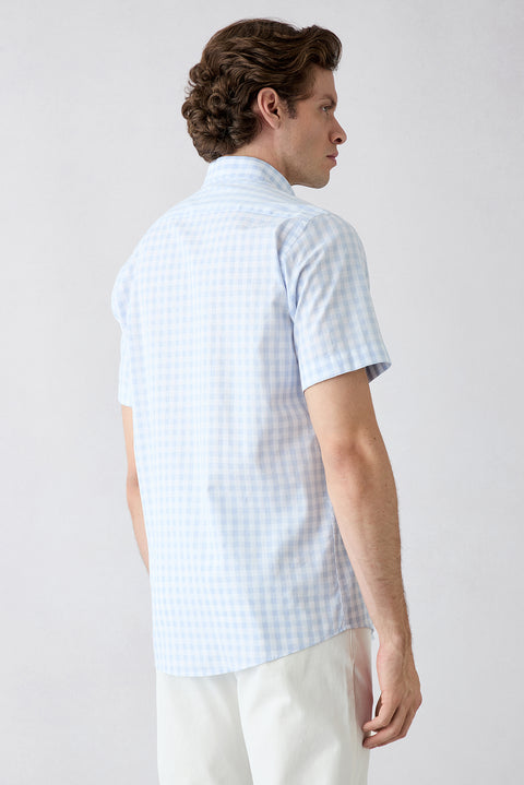 Light Blue Short Sleeve Regular Fit Button-Down Collar Embroidered Pocket Cotton Plaid Shirt