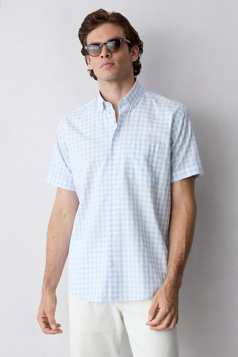Light Blue Short Sleeve Regular Fit Button-Down Collar Embroidered Pocket Cotton Plaid Shirt