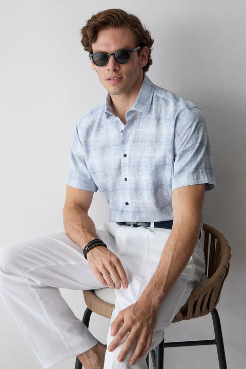 Dark Navy Short Sleeve Regular Fit Linen Plain Shirt