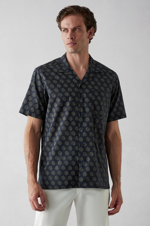 Dark Navy Short Sleeve Oversize Fit Printed Cotton Shirt