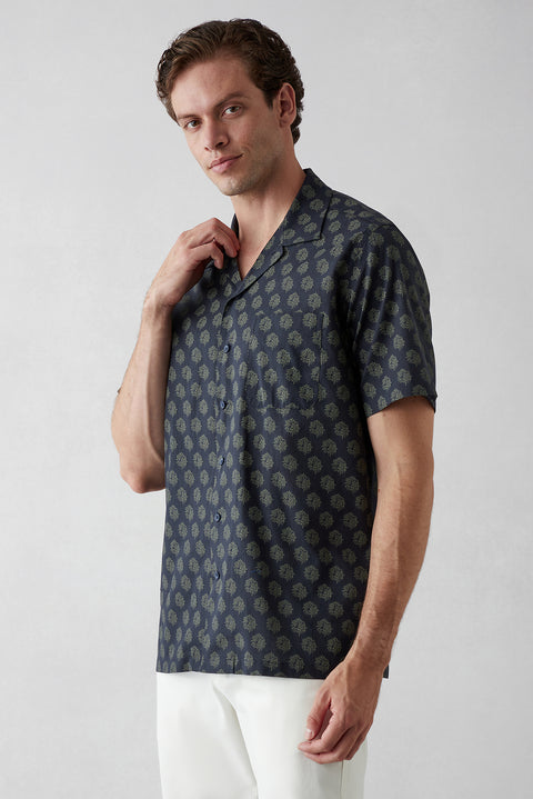 Dark Navy Short Sleeve Oversize Fit Printed Cotton Shirt