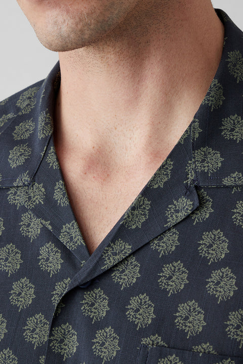 Dark Navy Short Sleeve Oversize Fit Printed Cotton Shirt