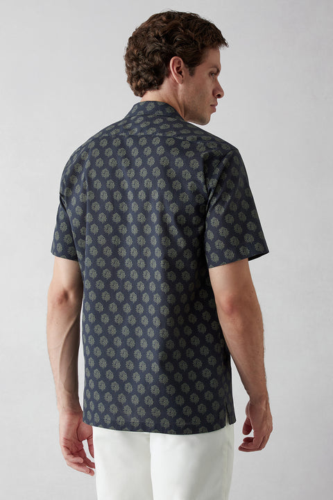 Dark Navy Short Sleeve Oversize Fit Printed Cotton Shirt