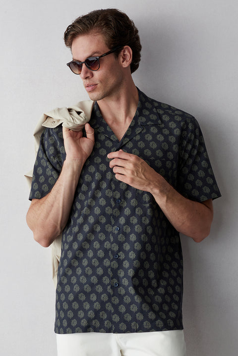 Dark Navy Short Sleeve Oversize Fit Printed Cotton Shirt