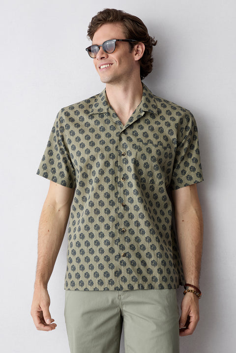 Medium Mink Short Sleeve Oversize Fit Printed Cotton Shirt